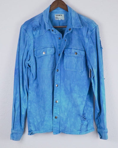 Sky Blue Elastic Hemline Acid Wash Denim Jacket, Sky Blue / XL
